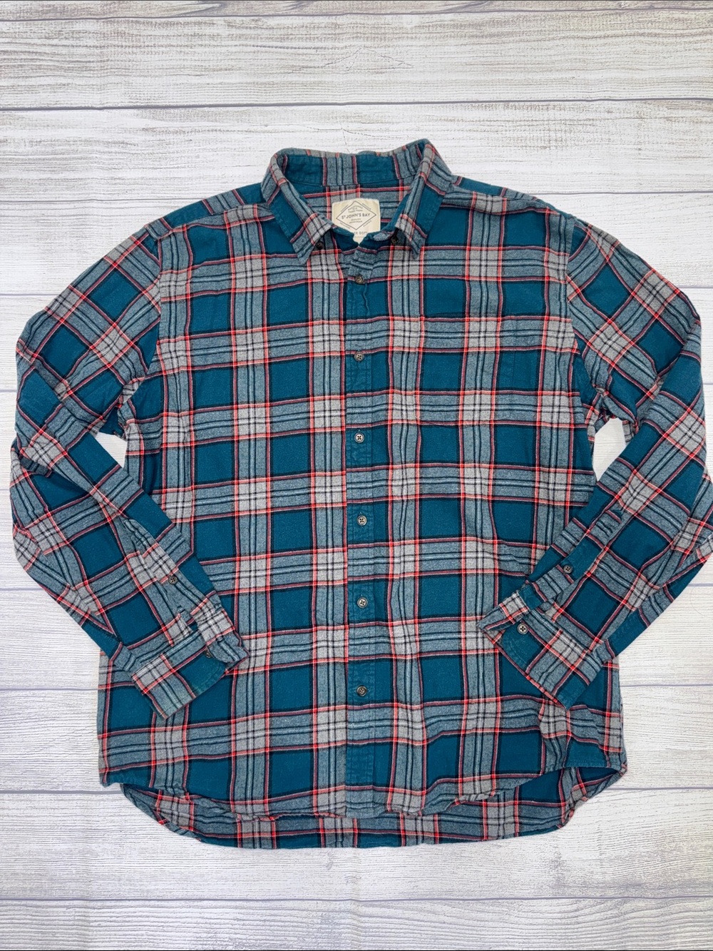 St. John's Bay Teal and Red Plaid Button-Down Shirt